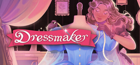 Dressmaker key art: a dressmaker measures a shimmering blue gown on a wooden mannequin in a cozy atelier